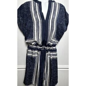 VINCE. Dress Small Blue White Geo Drawstring Waist 100% Silk Women’s Mini